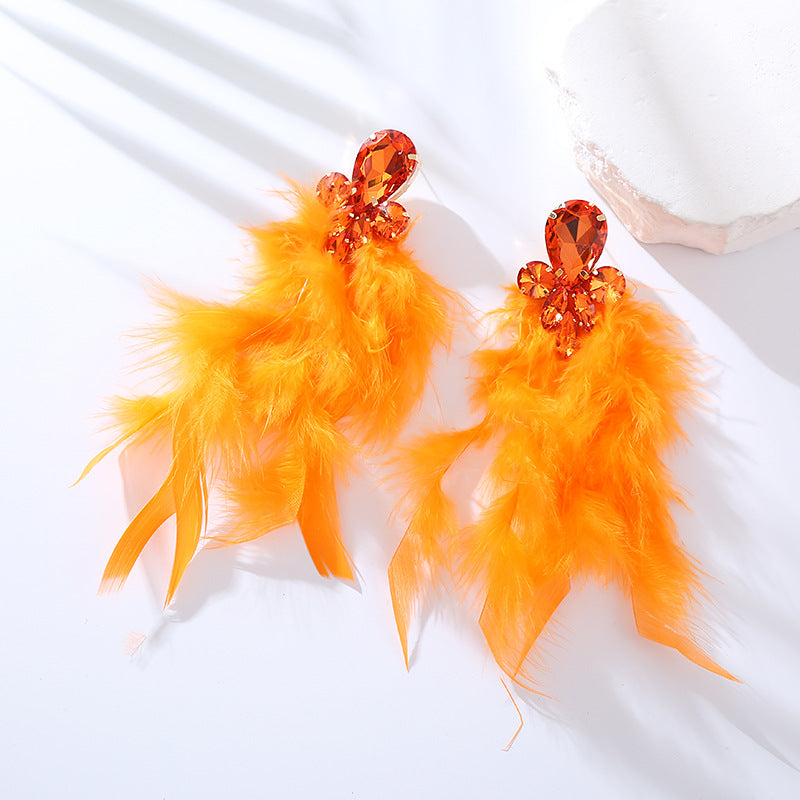 Rhinestone Feather Statement Drop Earrings - Orange