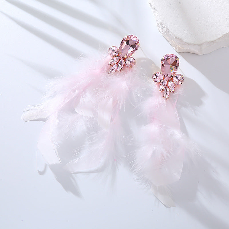 Rhinestone Feather Statement Drop Earrings - Pink
