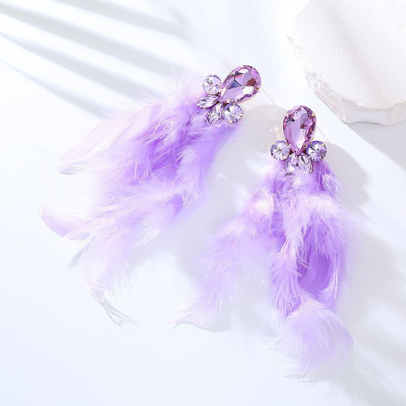 Rhinestone Feather Statement Drop Earrings - Purple