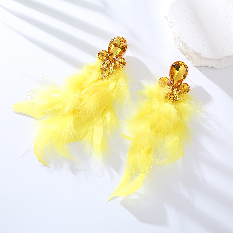 Rhinestone Feather Statement Drop Earrings - Yellow