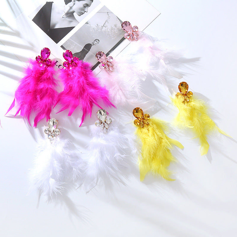 Rhinestone Feather Statement Drop Earrings