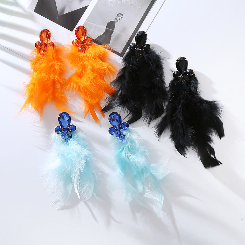 Rhinestone Feather Statement Drop Earrings - view 4