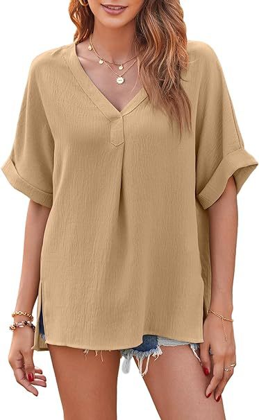 Split V Neck Rolled Cuff Tunic Shirt - Khaki