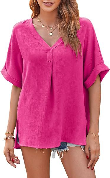 Split V Neck Rolled Cuff Tunic Shirt - Rose_red