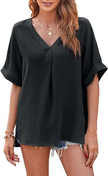 Split V Neck Rolled Cuff Tunic Shirt - black