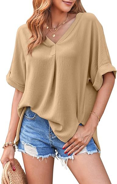 Split V Neck Rolled Cuff Tunic Shirt