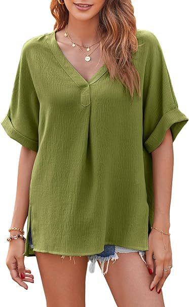 Split V Neck Rolled Cuff Tunic Shirt - green