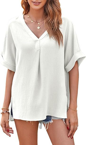 Split V Neck Rolled Cuff Tunic Shirt - white