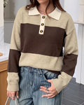 Two Tone Rugby Stripe Polo Knit Sweater - Brown