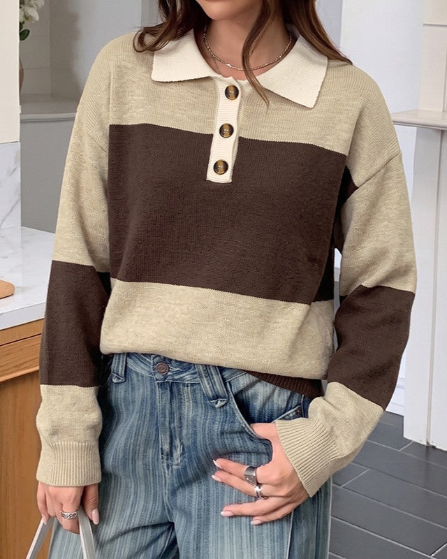 Two Tone Rugby Stripe Polo Knit Sweater - Brown
