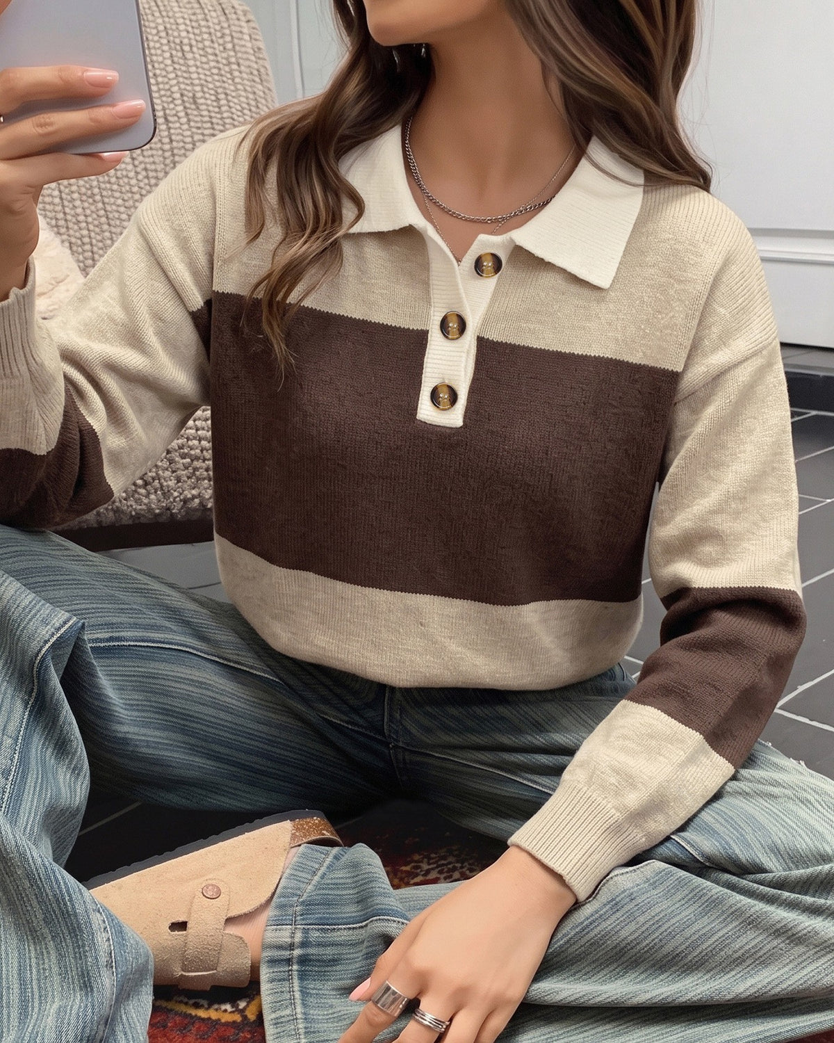 Two Tone Rugby Stripe Polo Knit Sweater - Brown - 2