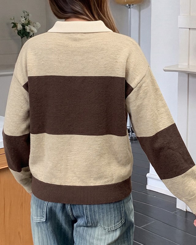 Two Tone Rugby Stripe Polo Knit Sweater - Brown - 3
