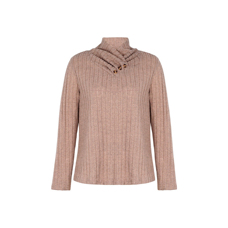 Ribbed Mock Neck Button Trim Blouse - Khaki