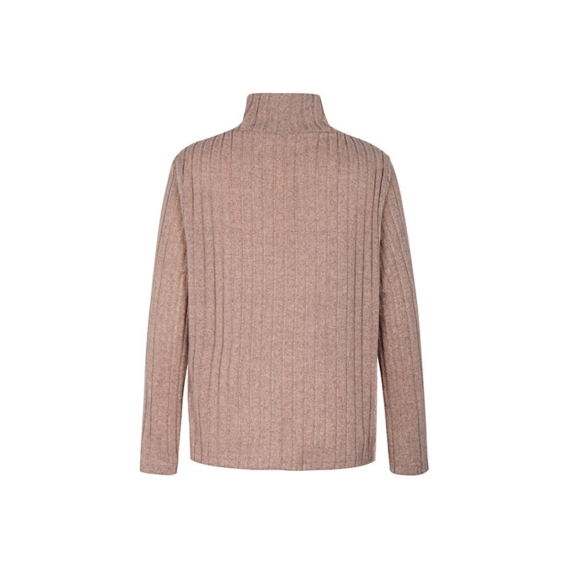 Ribbed Mock Neck Button Trim Blouse - Khaki - 3