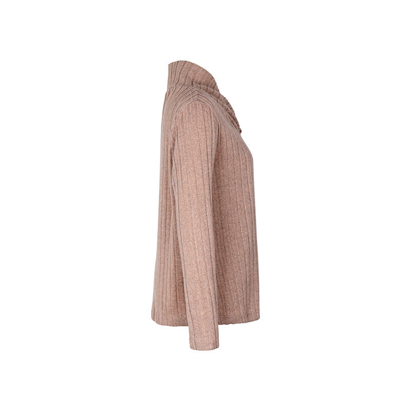 Ribbed Mock Neck Button Trim Blouse - Khaki - 4