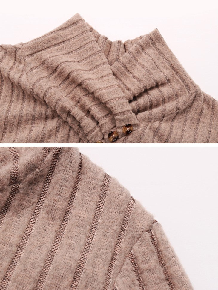 Ribbed Mock Neck Button Trim Blouse - Khaki - 6
