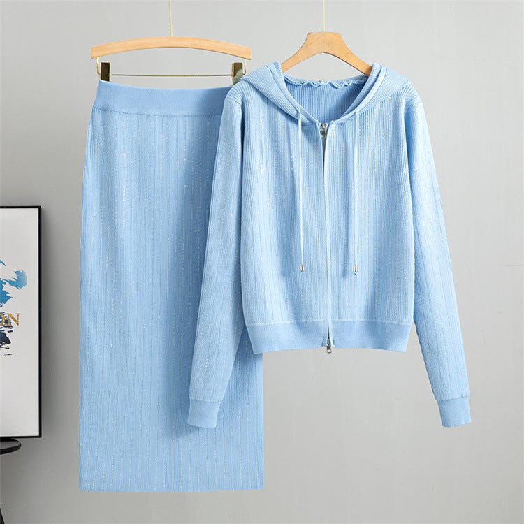 Rhinestone Rib Knit Hoodie And Midi Skirt Set - Blue