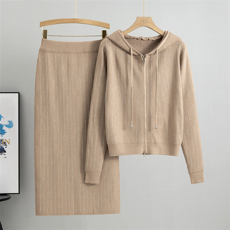 Rhinestone Rib Knit Hoodie And Midi Skirt Set - Khaki