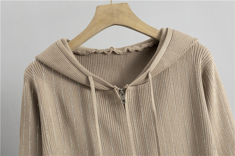 Rhinestone Rib Knit Hoodie And Midi Skirt Set - Khaki - 2