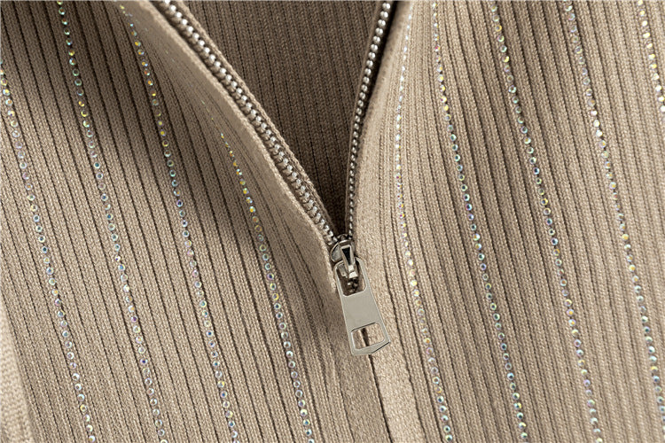 Rhinestone Rib Knit Hoodie And Midi Skirt Set - Khaki - 9