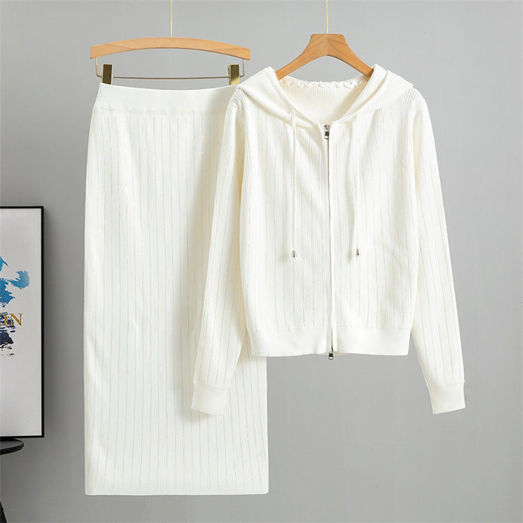 Rhinestone Rib Knit Hoodie And Midi Skirt Set - White