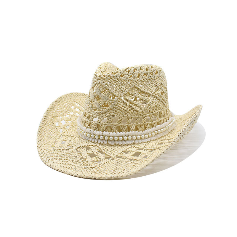 Pearl Trim Western Straw Cowboy Hat - Beige