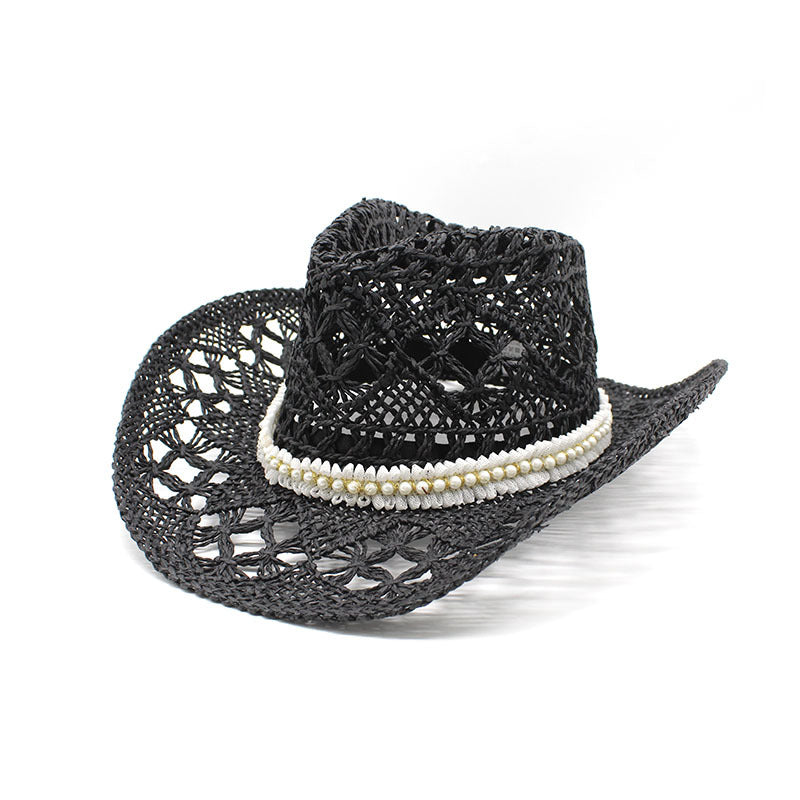 Pearl Trim Western Straw Cowboy Hat - Black