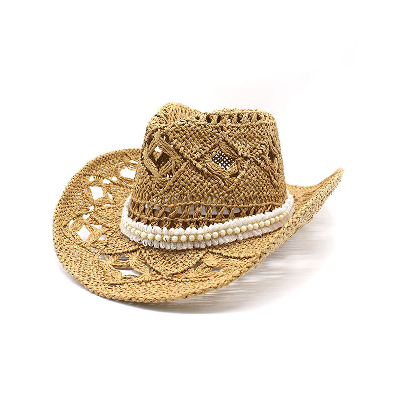 Pearl Trim Western Straw Cowboy Hat - Khaki