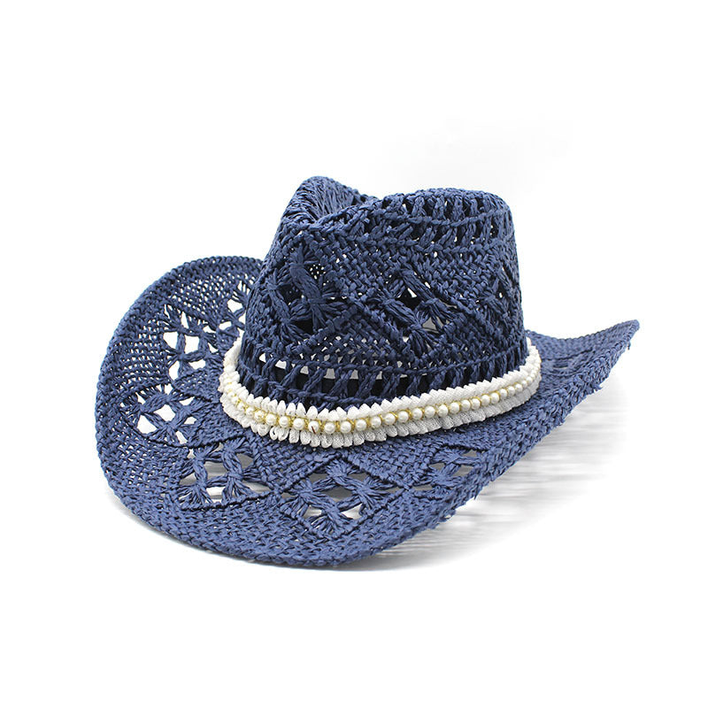 Pearl Trim Western Straw Cowboy Hat - NavyBlue