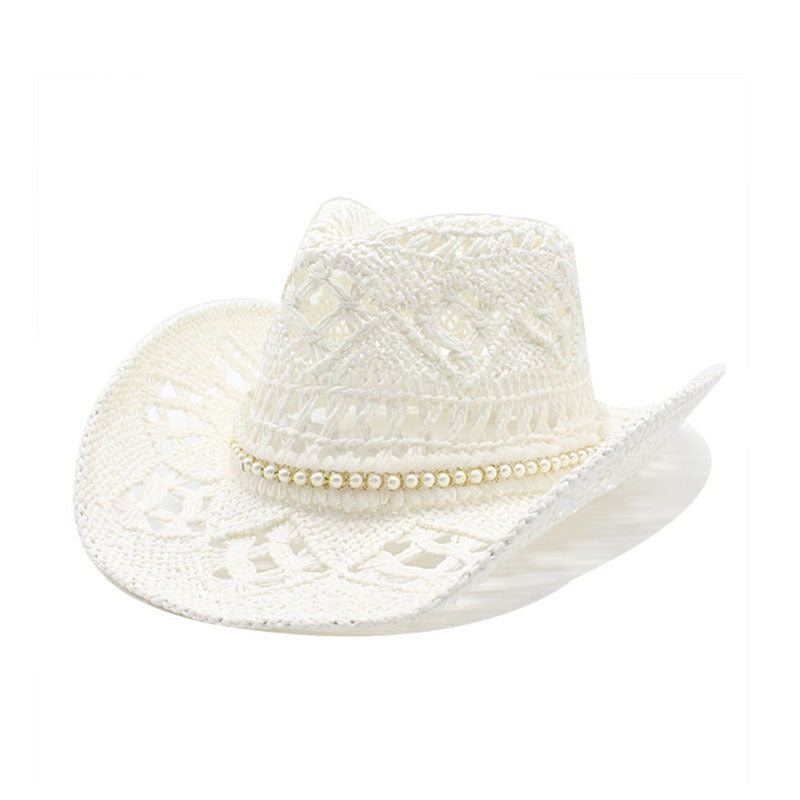 Pearl Trim Western Straw Cowboy Hat - White_1