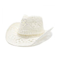 Pearl Trim Western Straw Cowboy Hat - White_1