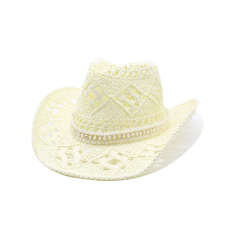 Pearl Trim Western Straw Cowboy Hat - White_2