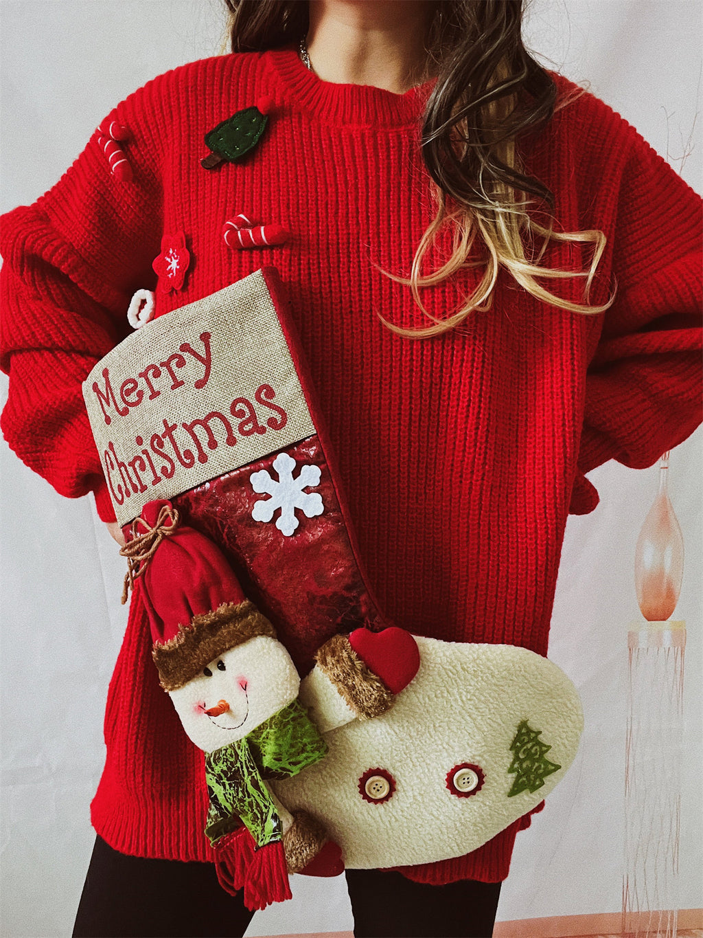 Oversized Christmas Stocking Pocket Tunic Sweater - Red