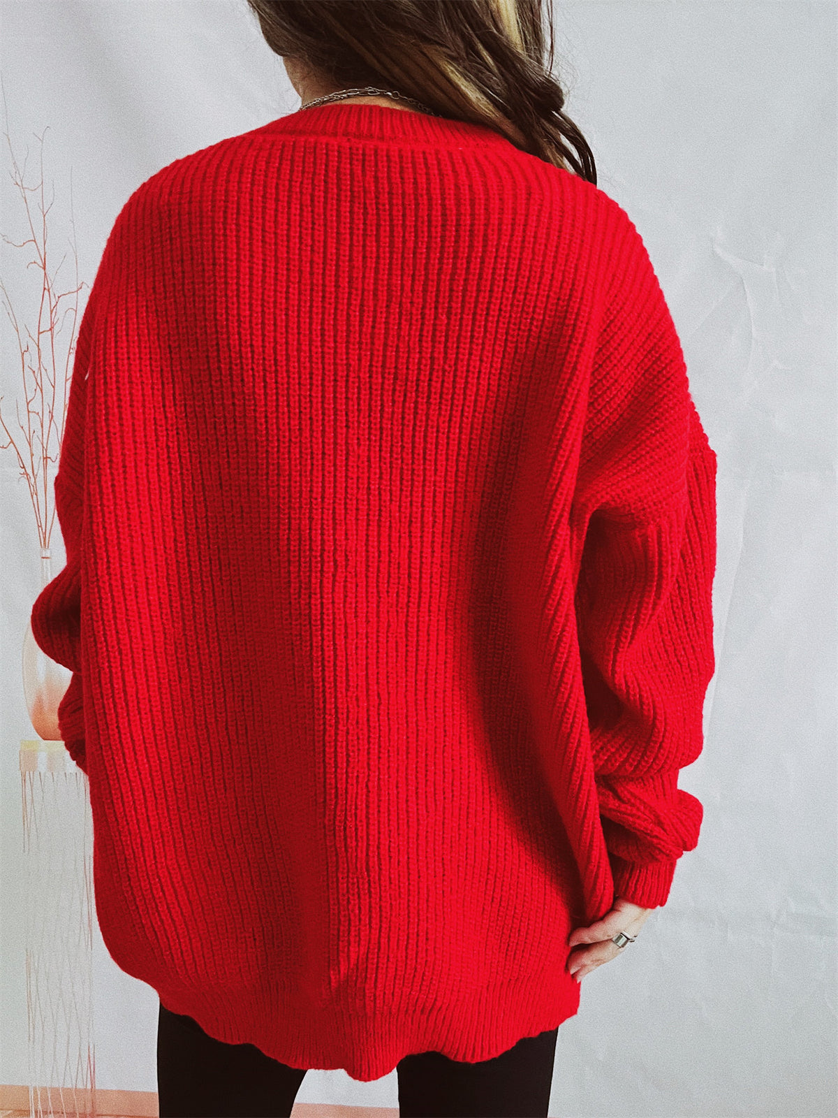 Oversized Christmas Stocking Pocket Tunic Sweater - Red - 1