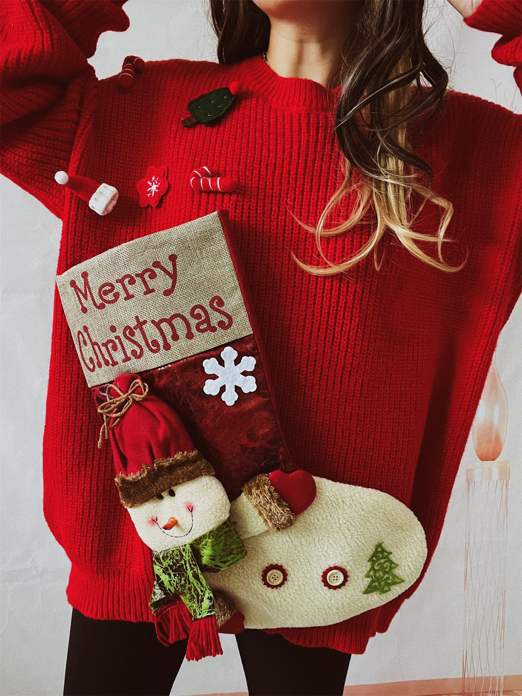 Oversized Christmas Stocking Pocket Tunic Sweater - Red - 2