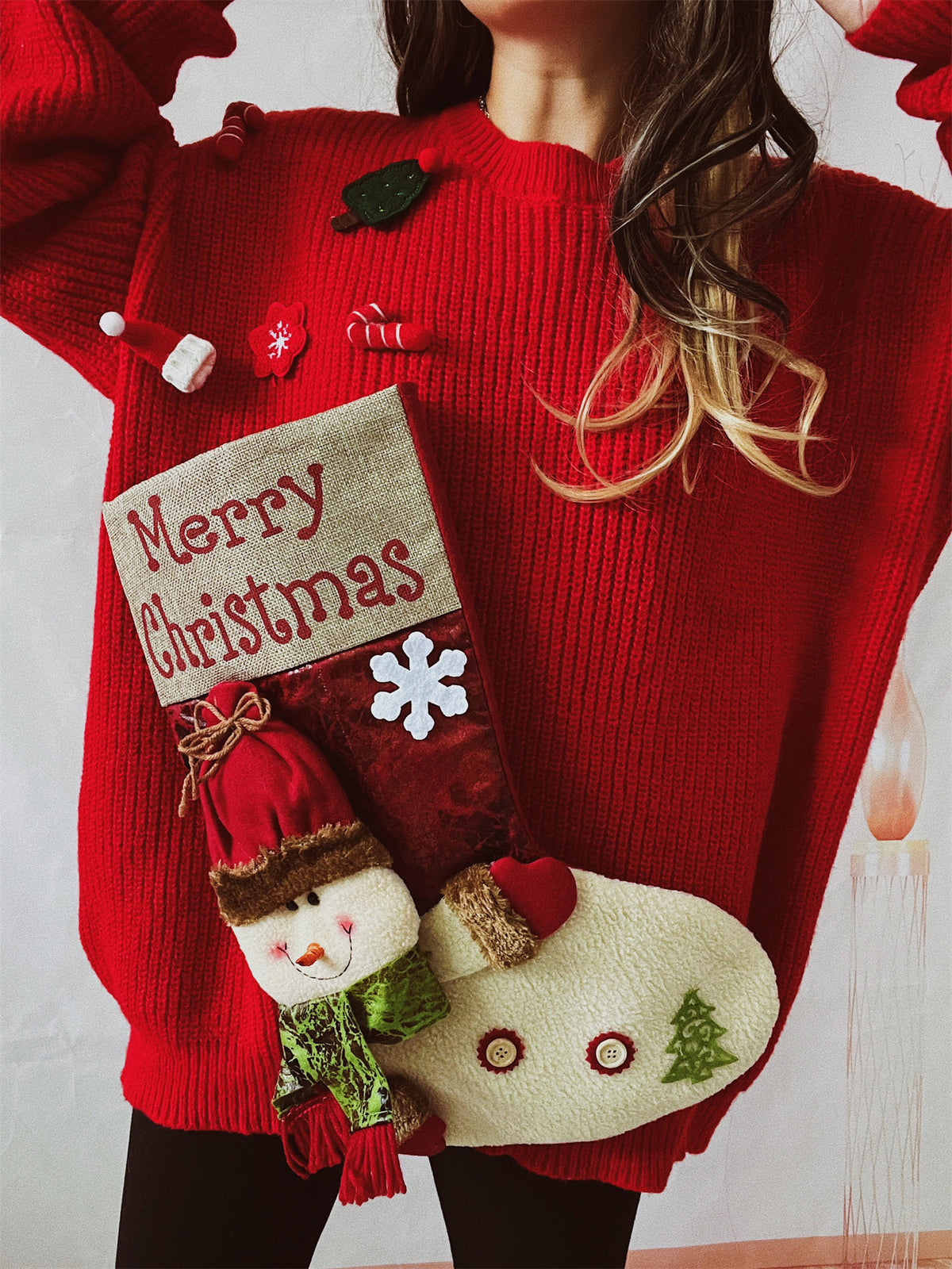 Oversized Christmas Stocking Pocket Tunic Sweater - Red - 2