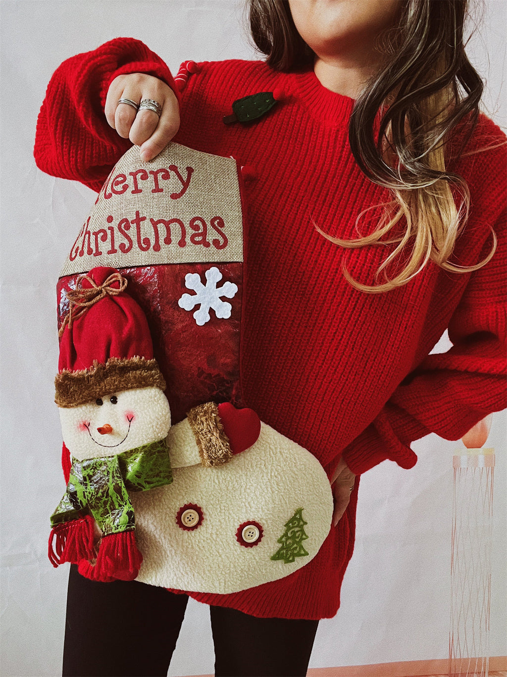 Oversized Christmas Stocking Pocket Tunic Sweater - Red - 3
