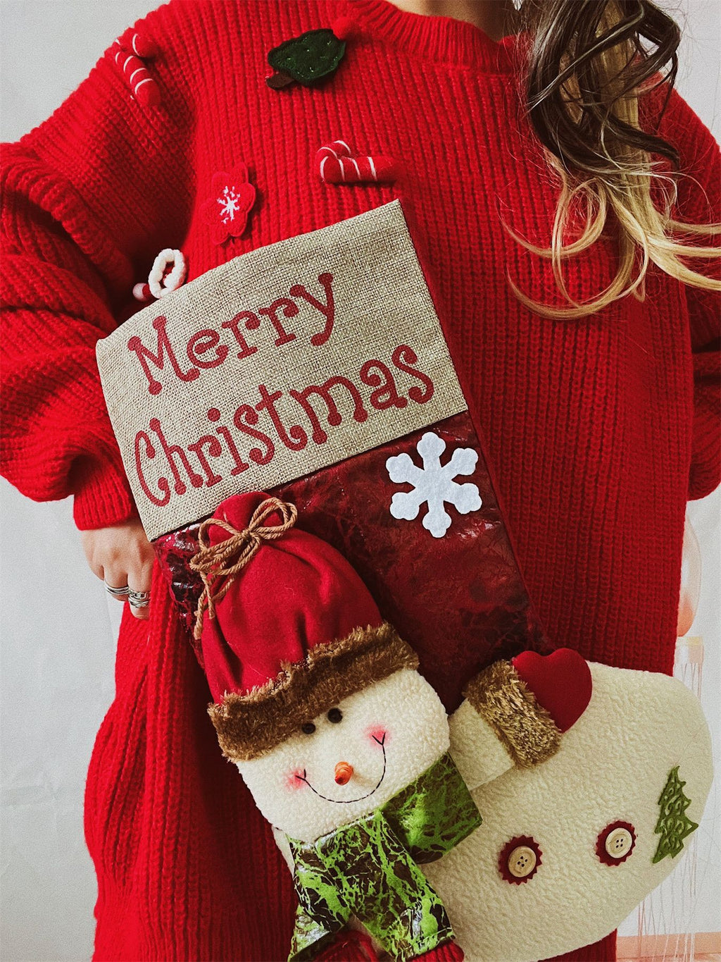 Oversized Christmas Stocking Pocket Tunic Sweater - Red - 4