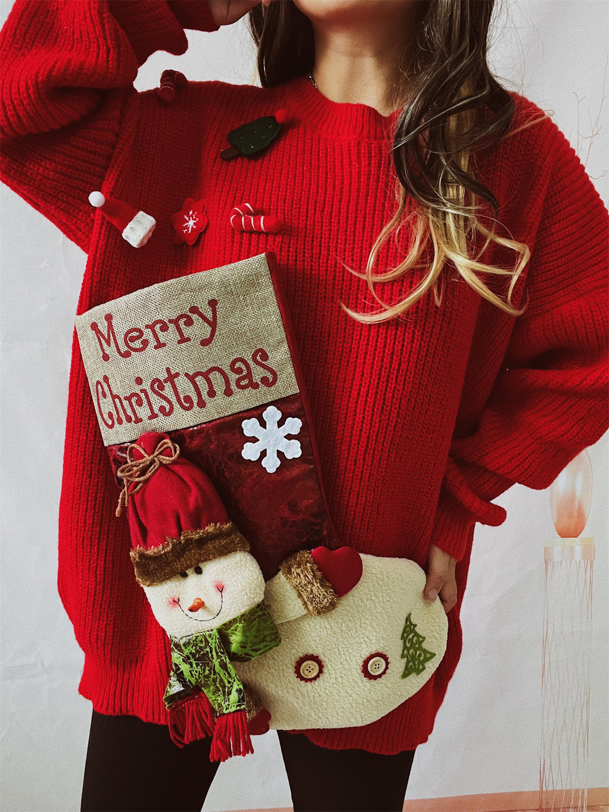 Oversized Christmas Stocking Pocket Tunic Sweater - Red - 5