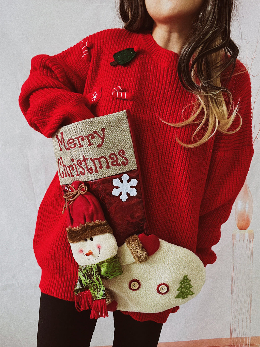 Oversized Christmas Stocking Pocket Tunic Sweater - Red - 6