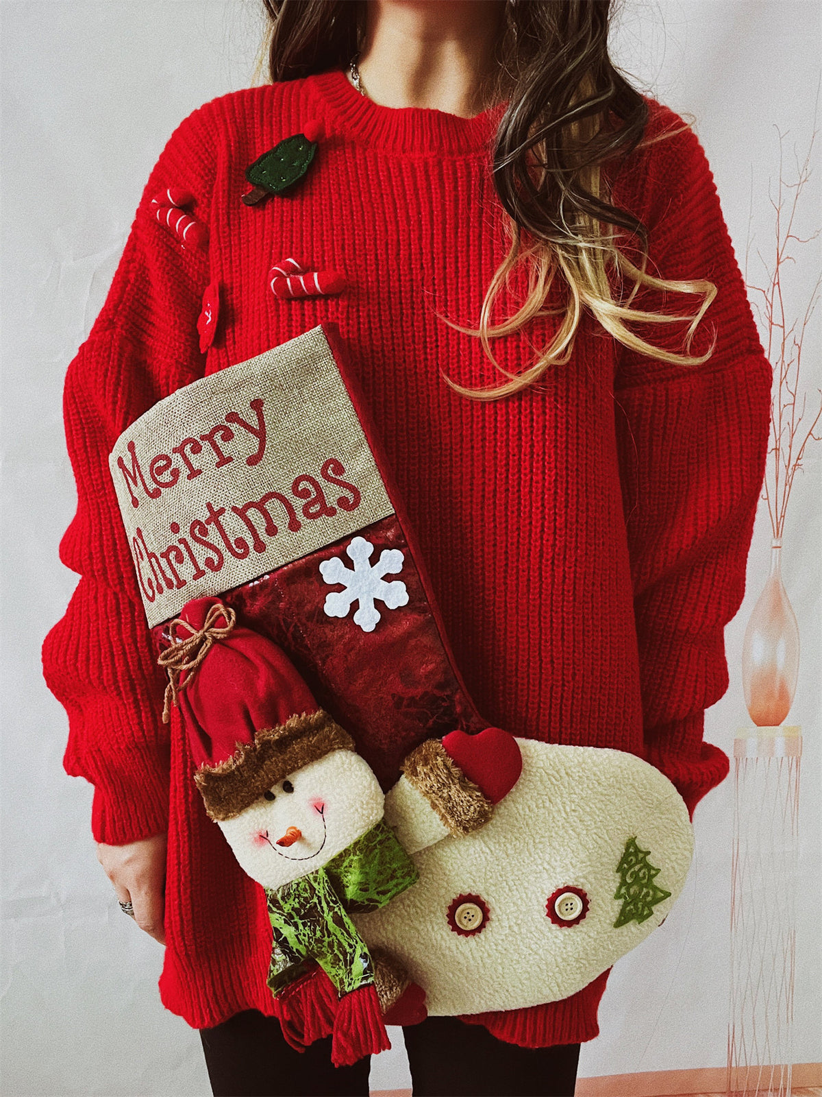 Oversized Christmas Stocking Pocket Tunic Sweater - Red - 7