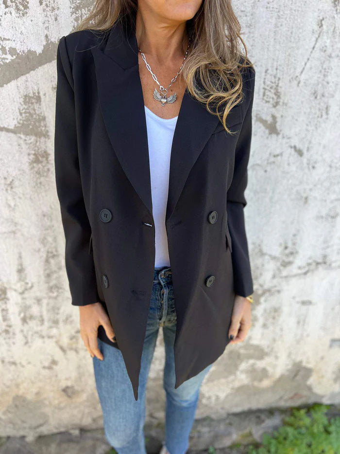 Double Breasted Longline Tailored Blazer - Black - 5