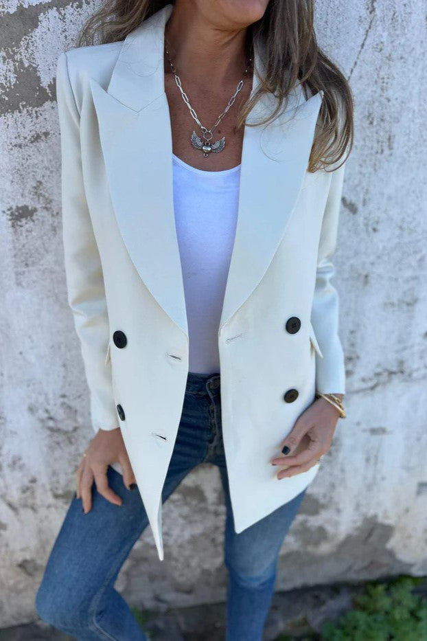 Double Breasted Longline Tailored Blazer - white