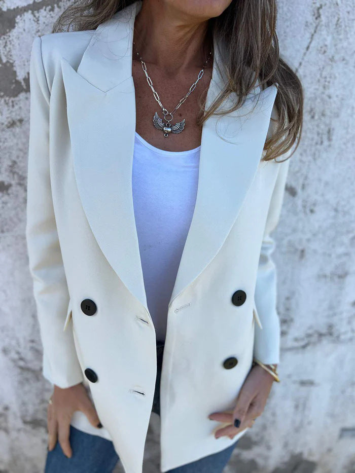 Double Breasted Longline Tailored Blazer - white - 1