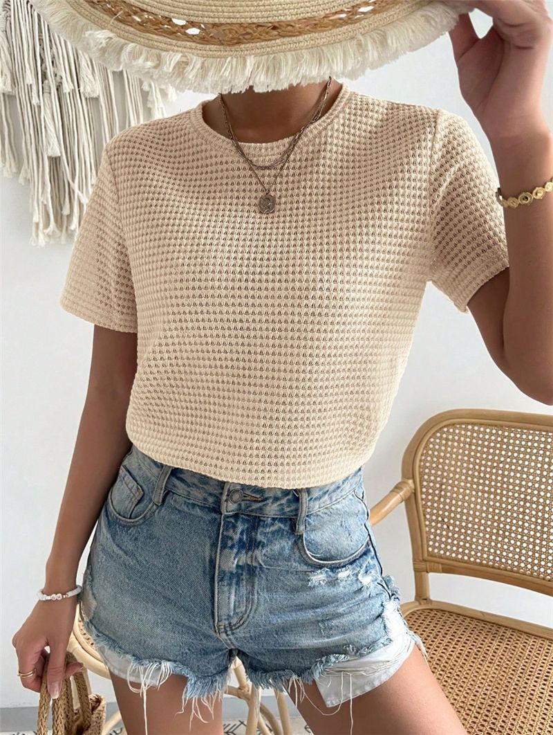 Waffle Knit Crewneck Fitted Tee - Beige