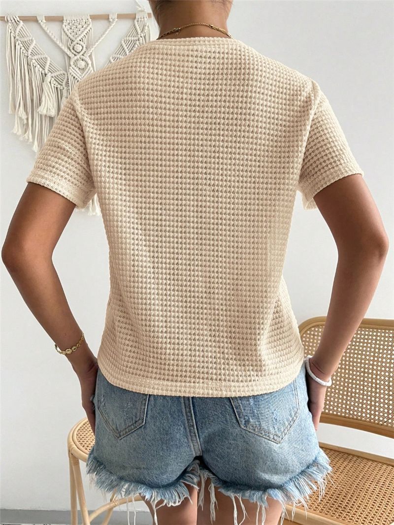 Waffle Knit Crewneck Fitted Tee - Beige - 2