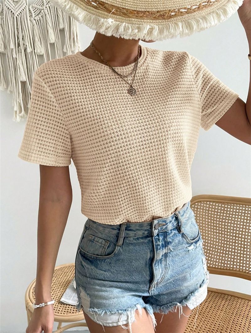 Waffle Knit Crewneck Fitted Tee - Beige - 3