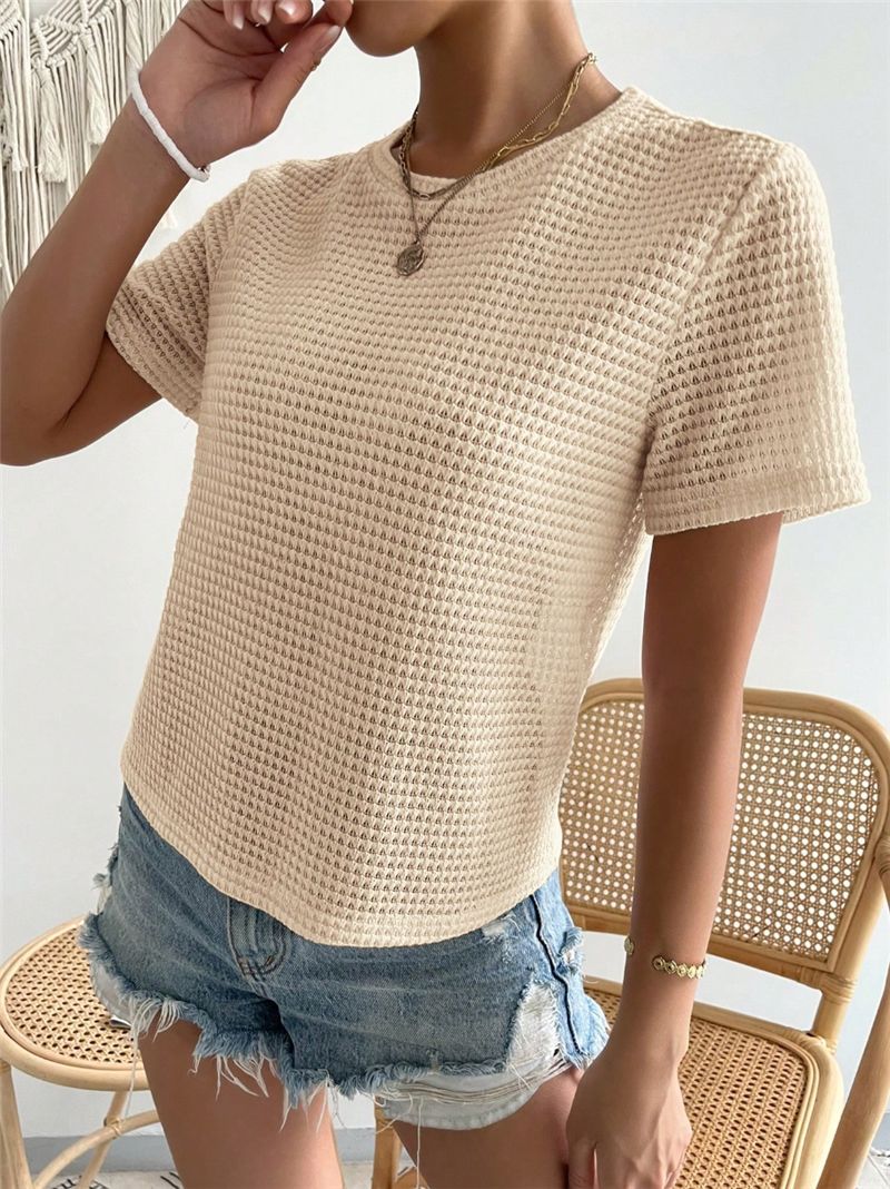 Waffle Knit Crewneck Fitted Tee - Beige - 4