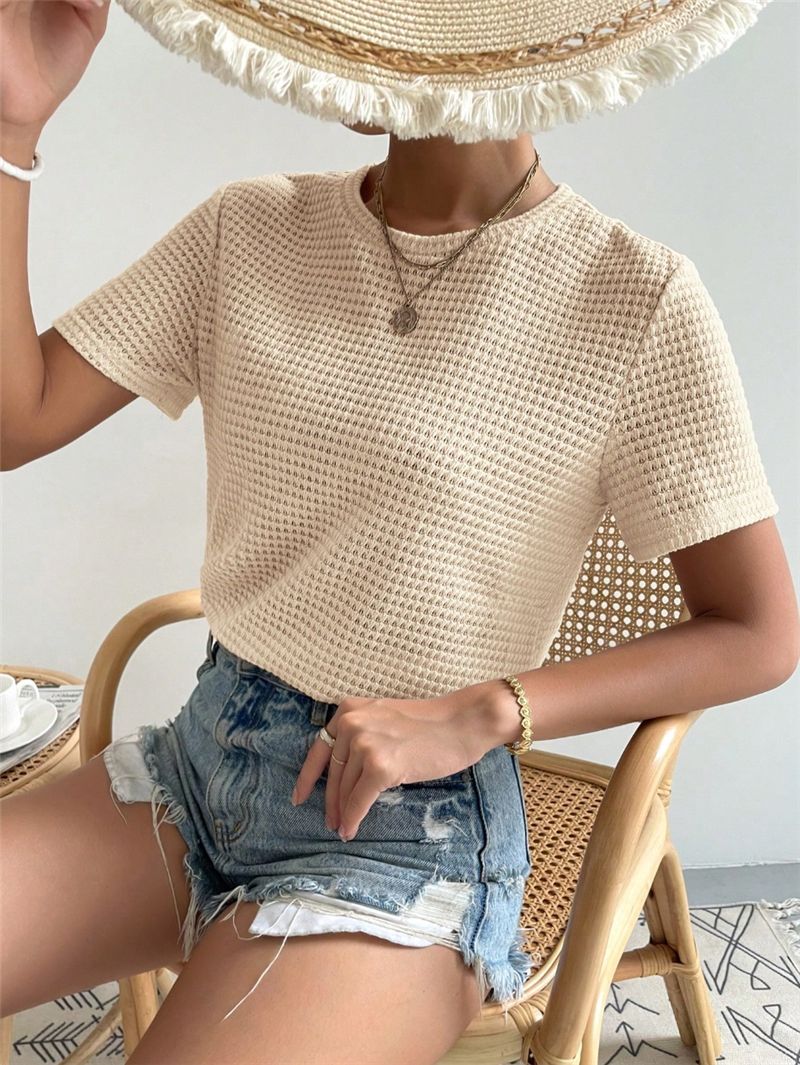Waffle Knit Crewneck Fitted Tee - Beige - 5