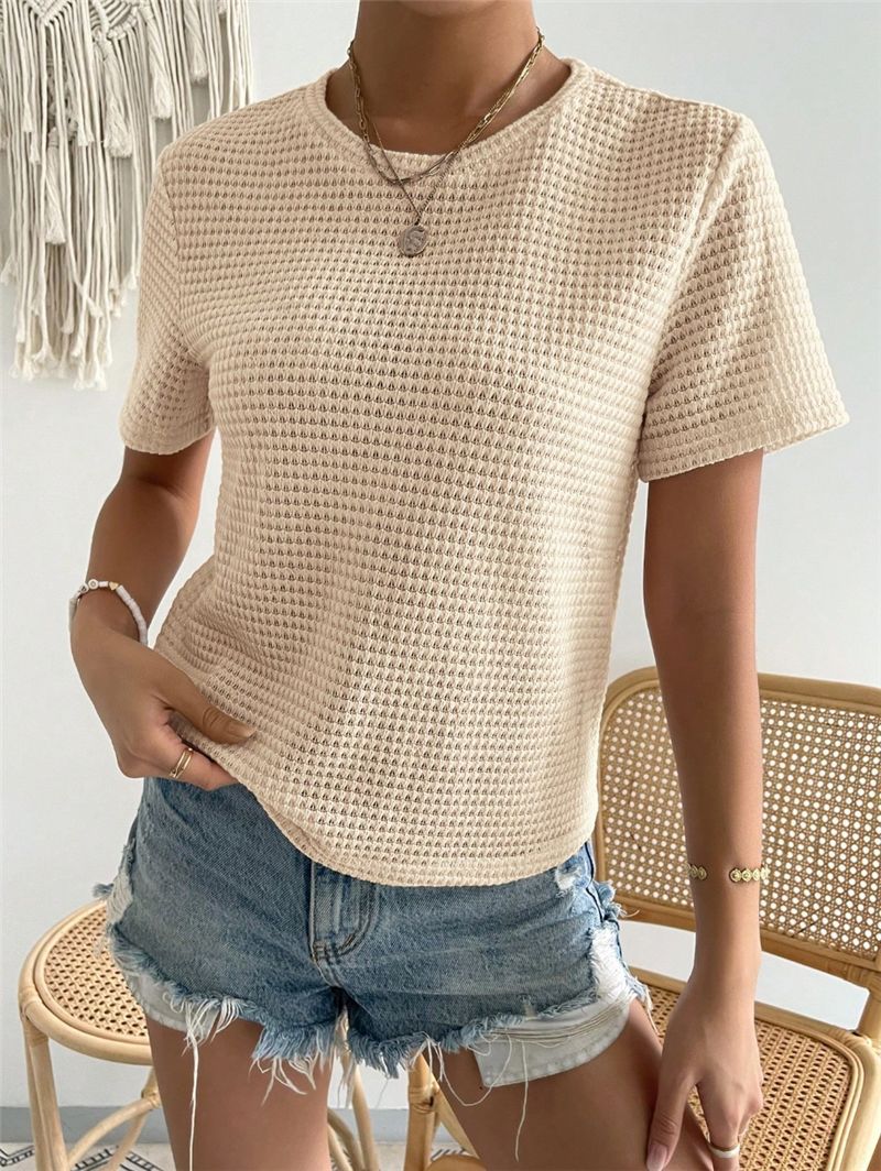 Waffle Knit Crewneck Fitted Tee - Beige - 6